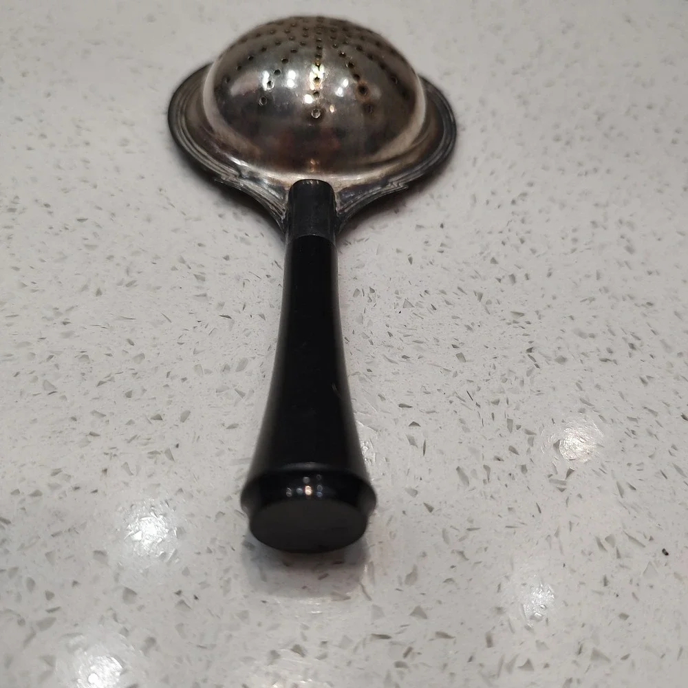 Silver Plated Tea Strainer Spoon Wooden Handle Ornate Mid Century Cottage Core